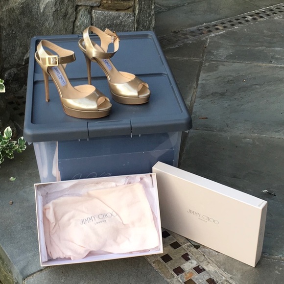 Jimmy Choo Linda Gold Platform Sandal Heels - Picture 9 of 10